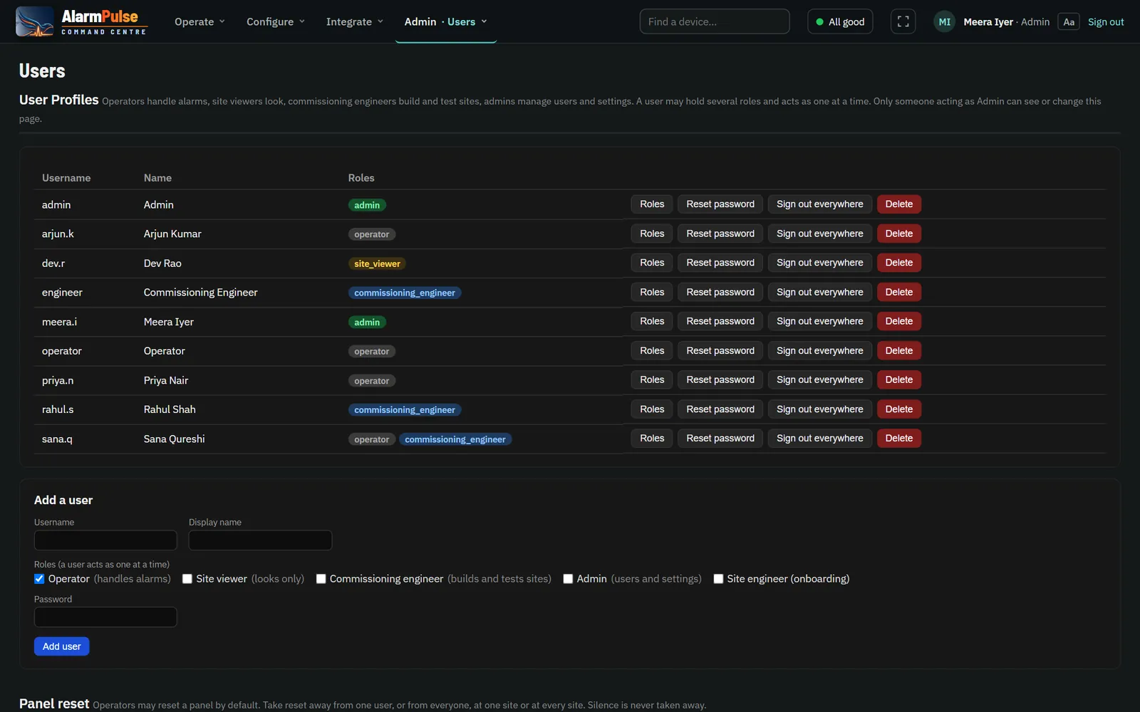 Users page with roles
